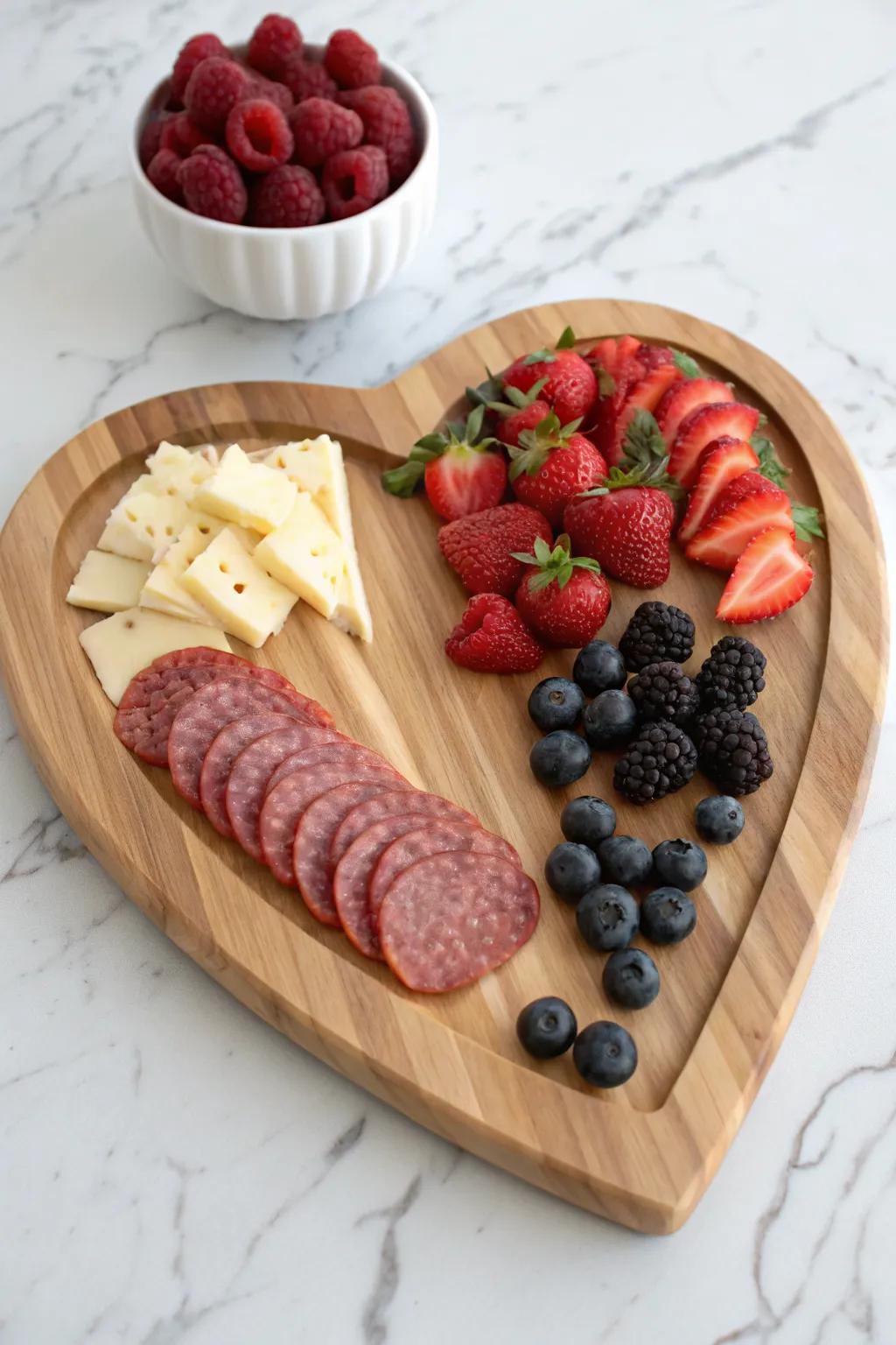 Heart-shaped date night charcuterie board with berry-lined edges on warm handcrafted wood.
