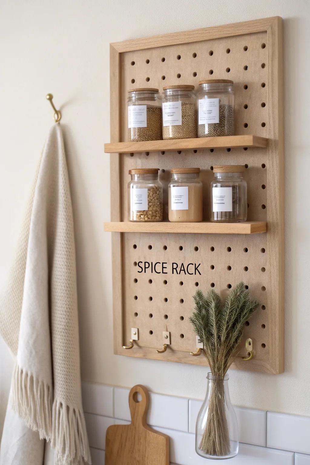 Framed pegboard spice wall in light oak—moveable shelves, matching jars, clean Scandi style.