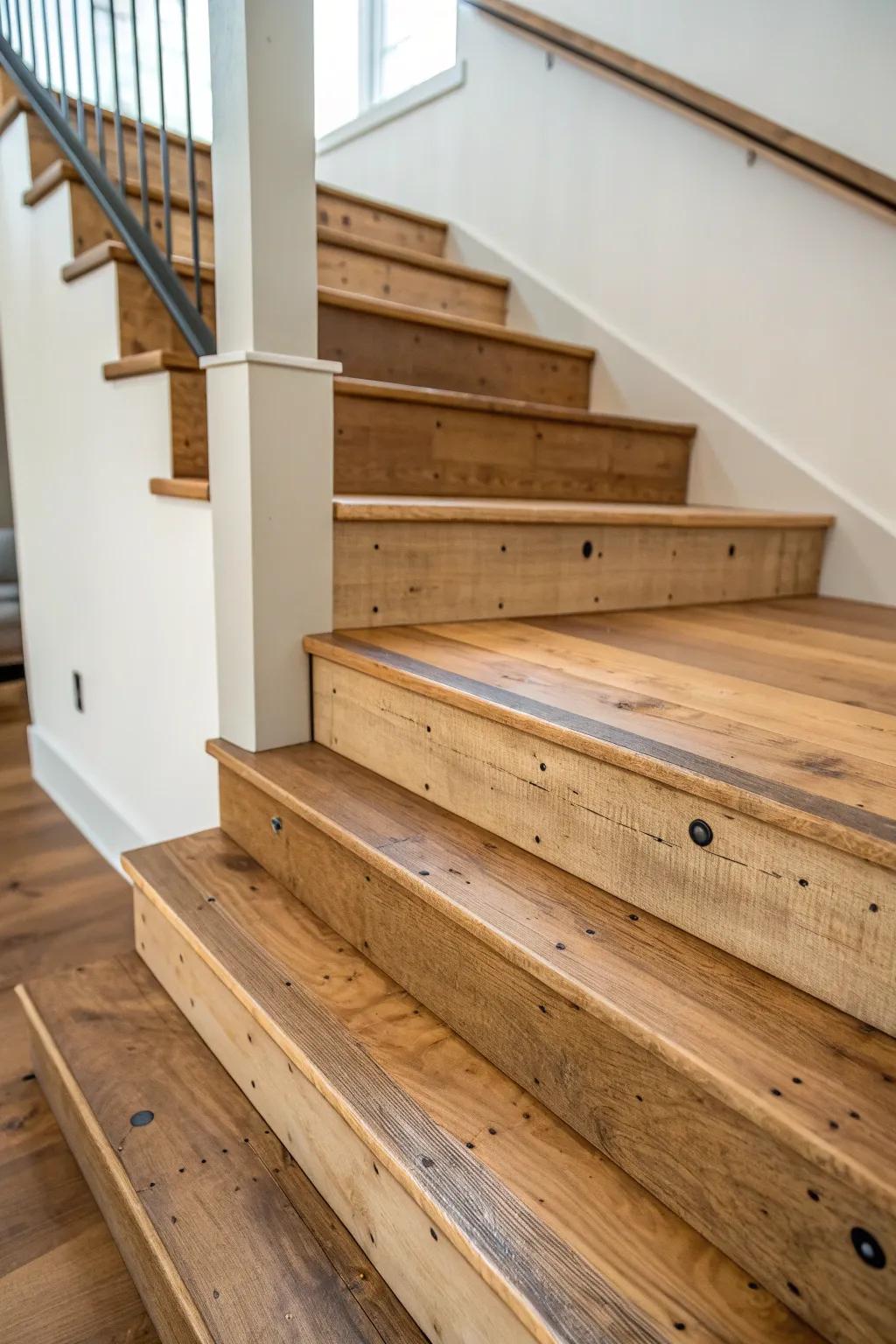 Reclaimed planks on the stair stringer add farmhouse warmth with clean, minimalist contrast.