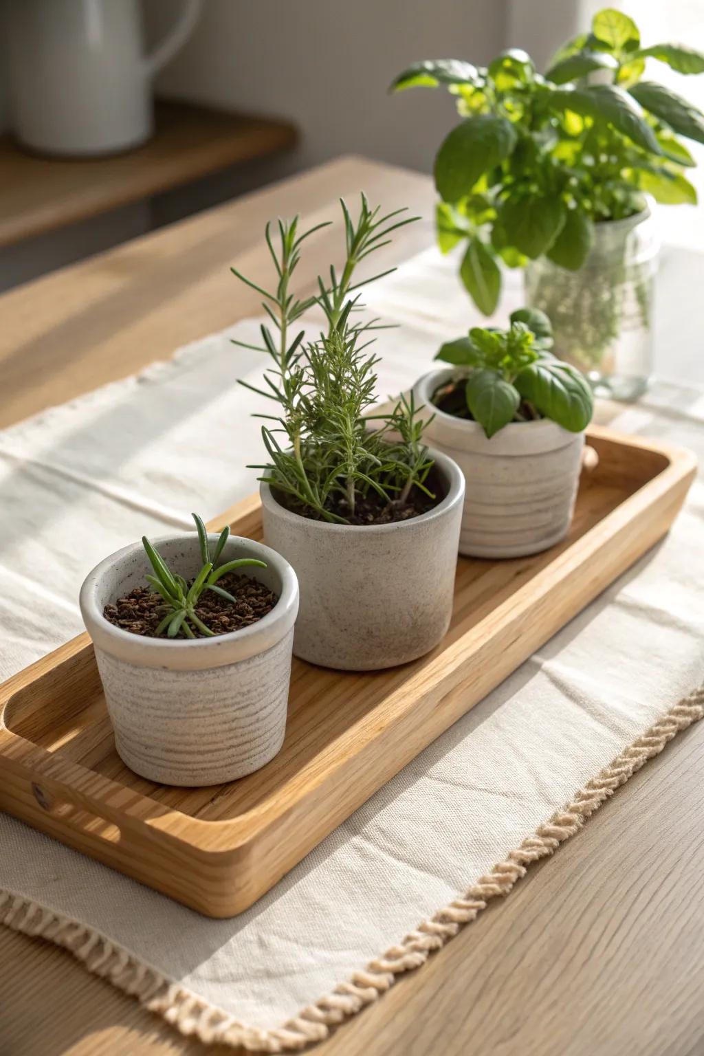 A light-oak herb tray centerpiece—fresh scent, easy snips, and effortless kitchen-table charm.
