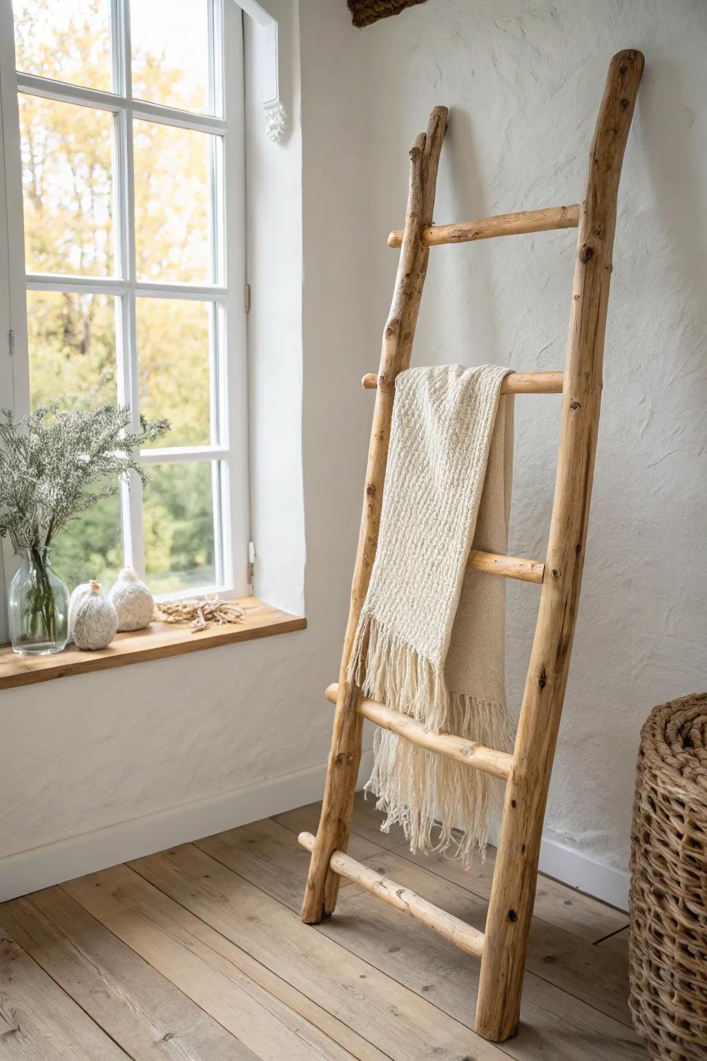 Perfectly imperfect branch ladder—sculptural storage for cozy throws in a calm home.