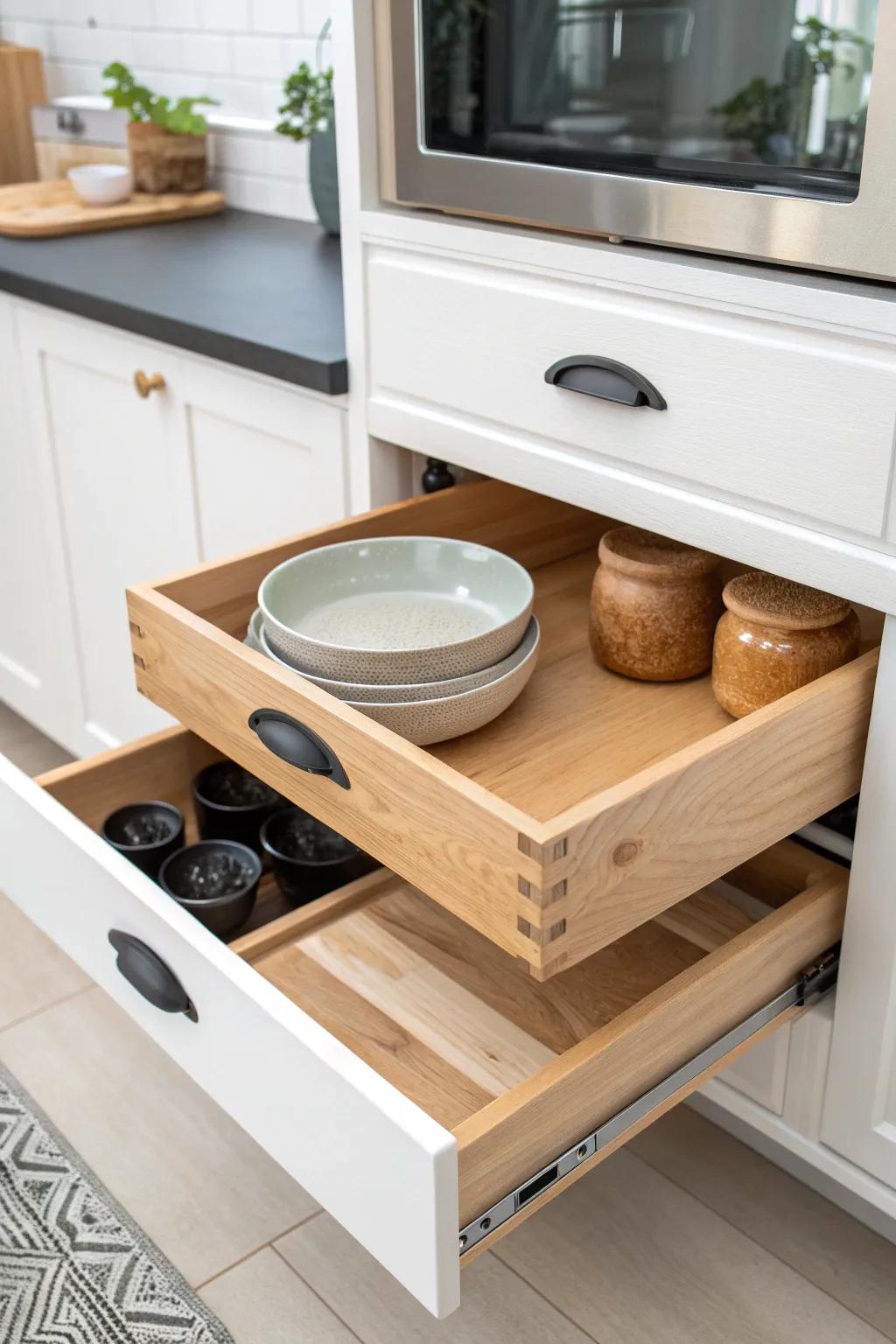 DIY slide-out tray on wood risers—turn a deep RV pantry shelf into easy-access storage.