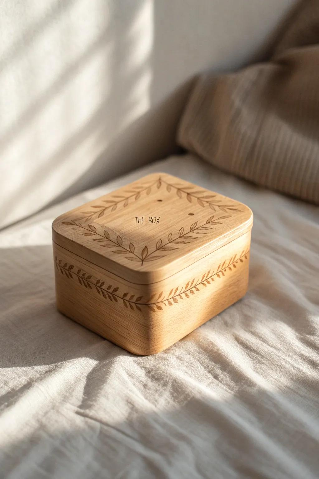 A minimalist wooden box elevated with a crisp wood-burned border and personal initials.