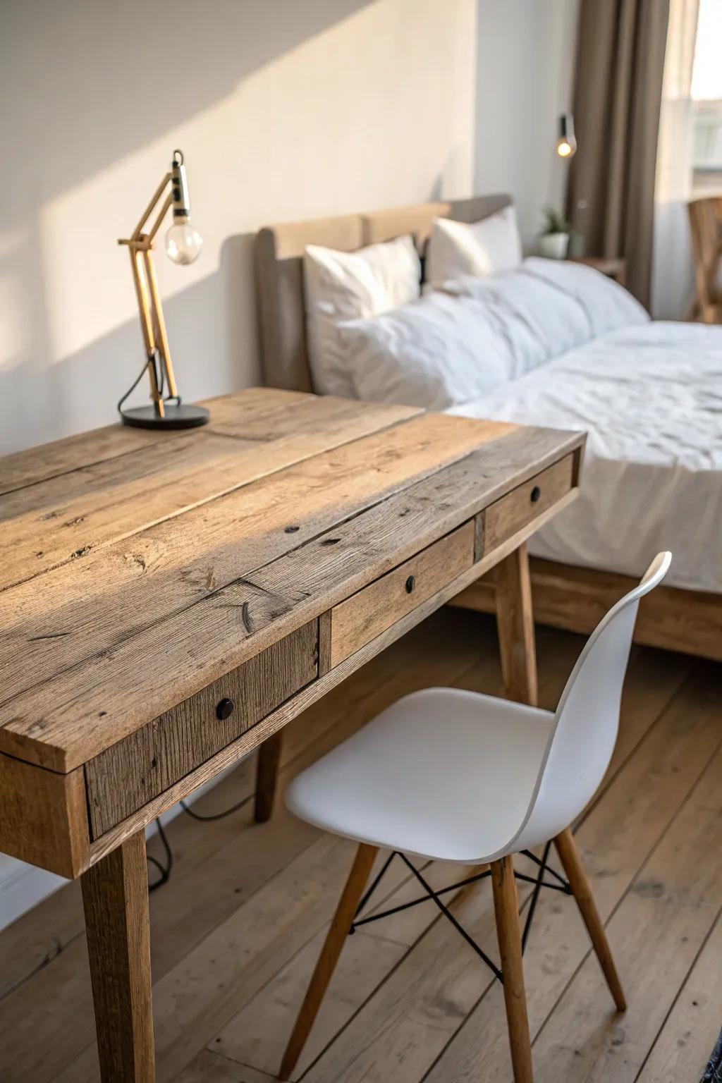 Reclaimed plank desk behind the bed—warm texture, clean lines, and calm morning light.