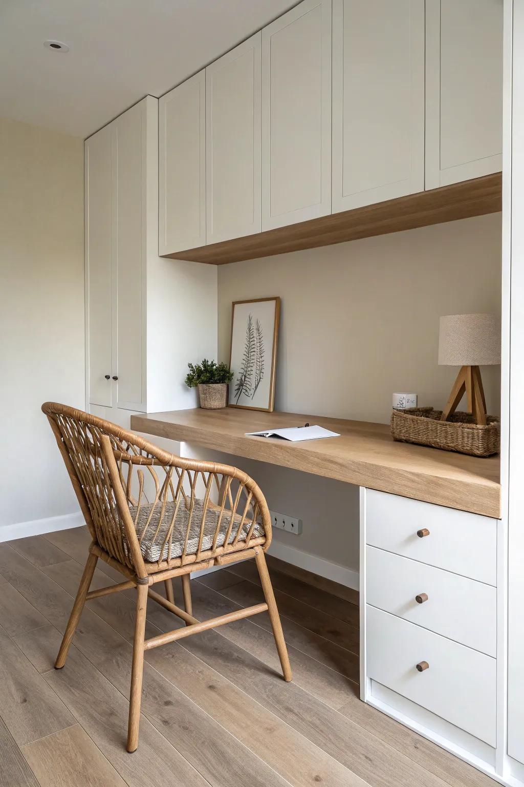 Wall-to-wall oak desktop built between two cabinets—clean lines, maximum workspace, custom look.