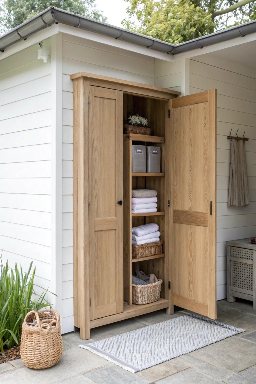 Shaker-style wood cabinet fronts that hide clutter—clean, cozy garage man cave storage.