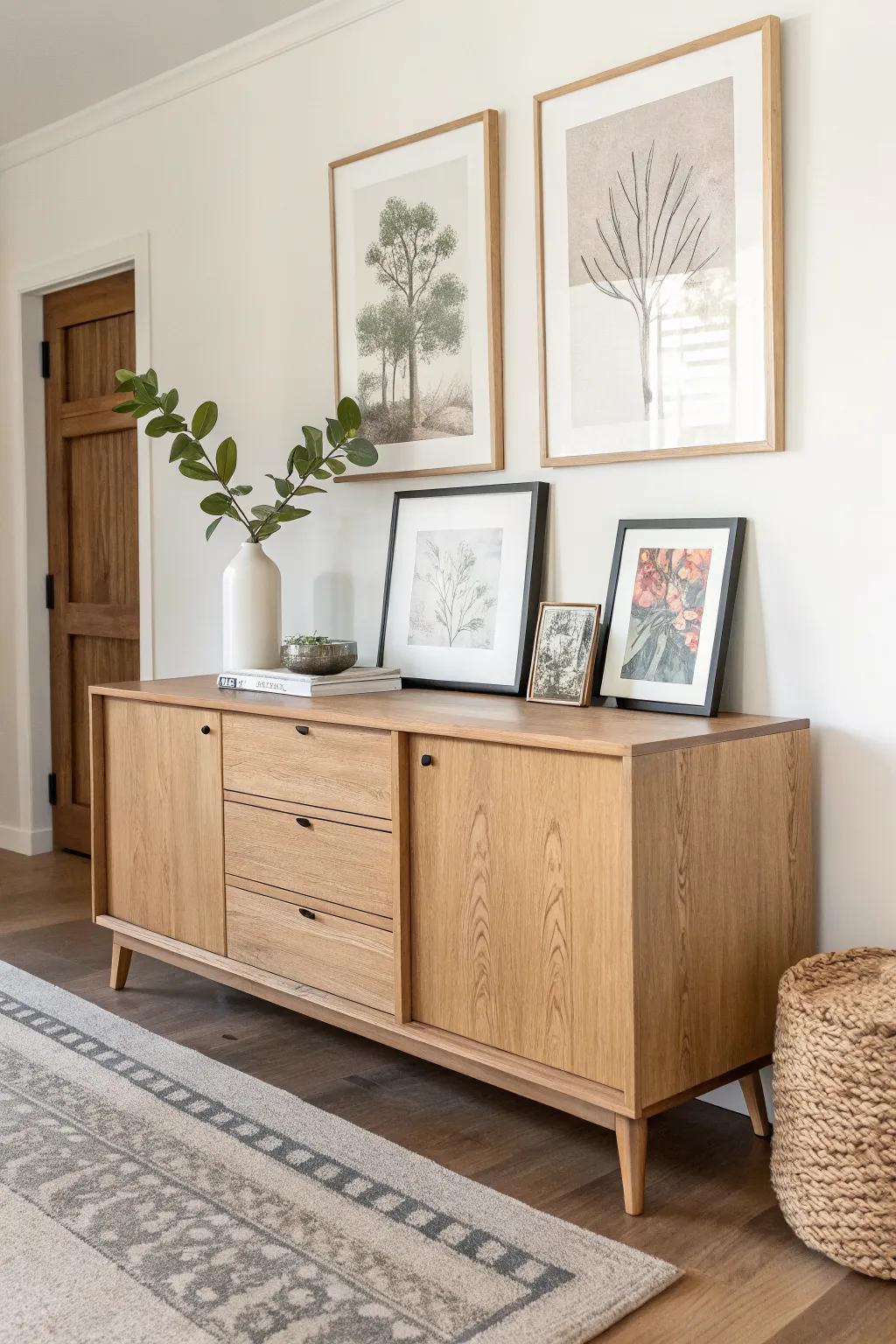 Layer two thrifted frames on your wood server for a designer look—no nails, no scratches.