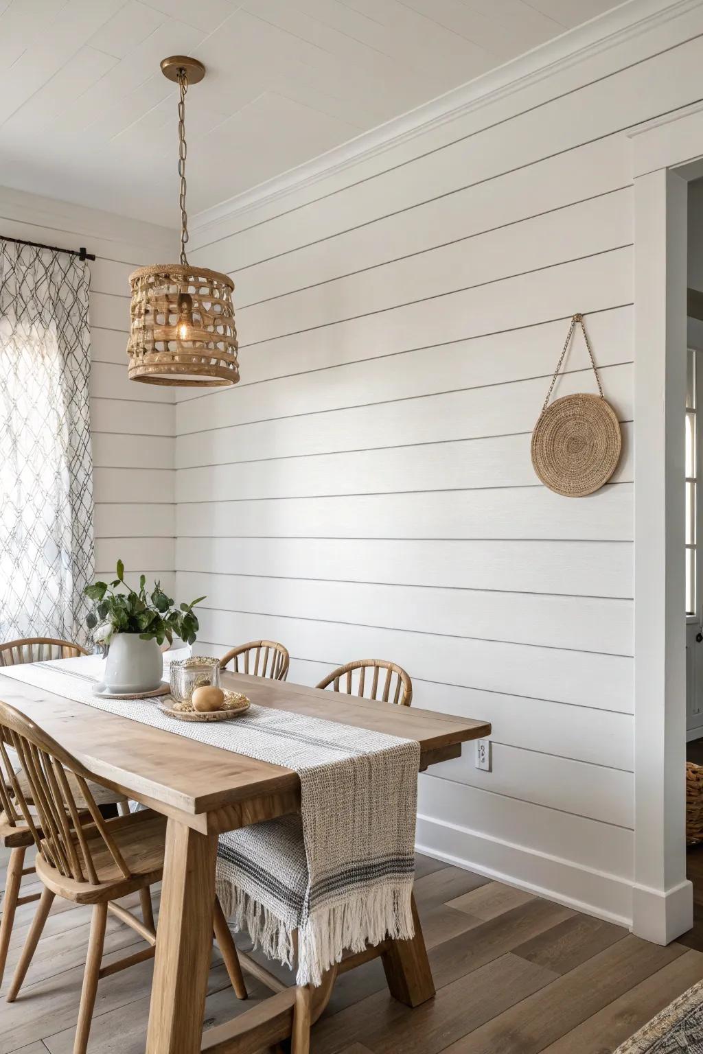 Horizontal shiplap panelling adds farmhouse calm and makes the dining room feel wider.