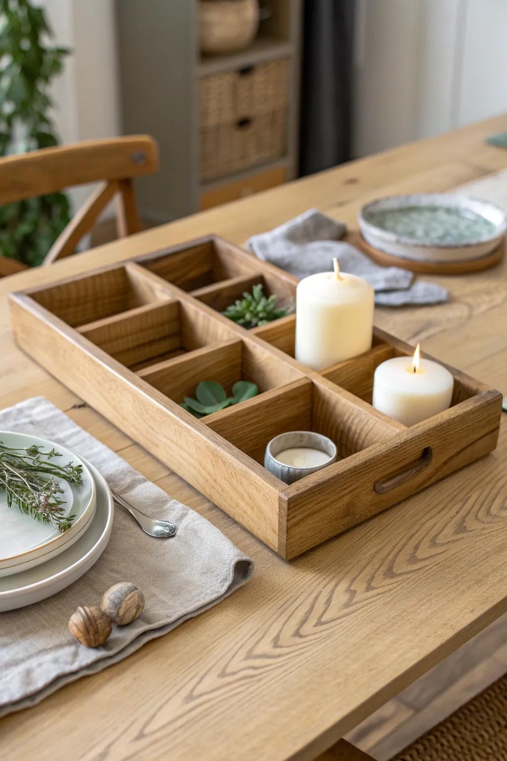 Upcycled drawer tray with compartments—candles and greenery for instant dining table styling.