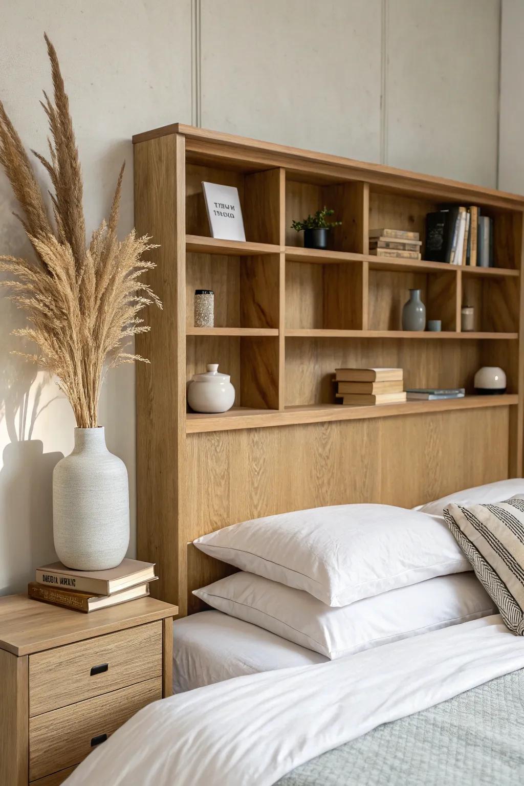 DIY bookcase headboard wall: built-in shelves and nightstands in warm oak simplicity.