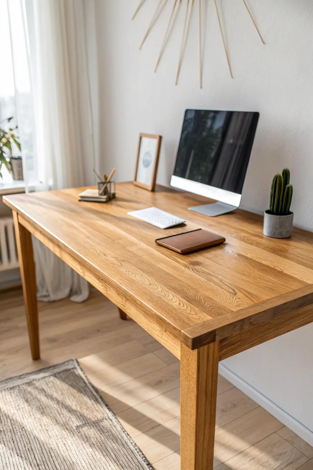 Warm butcher block desktop brings a grounded, sandable surface to your minimalist home office.