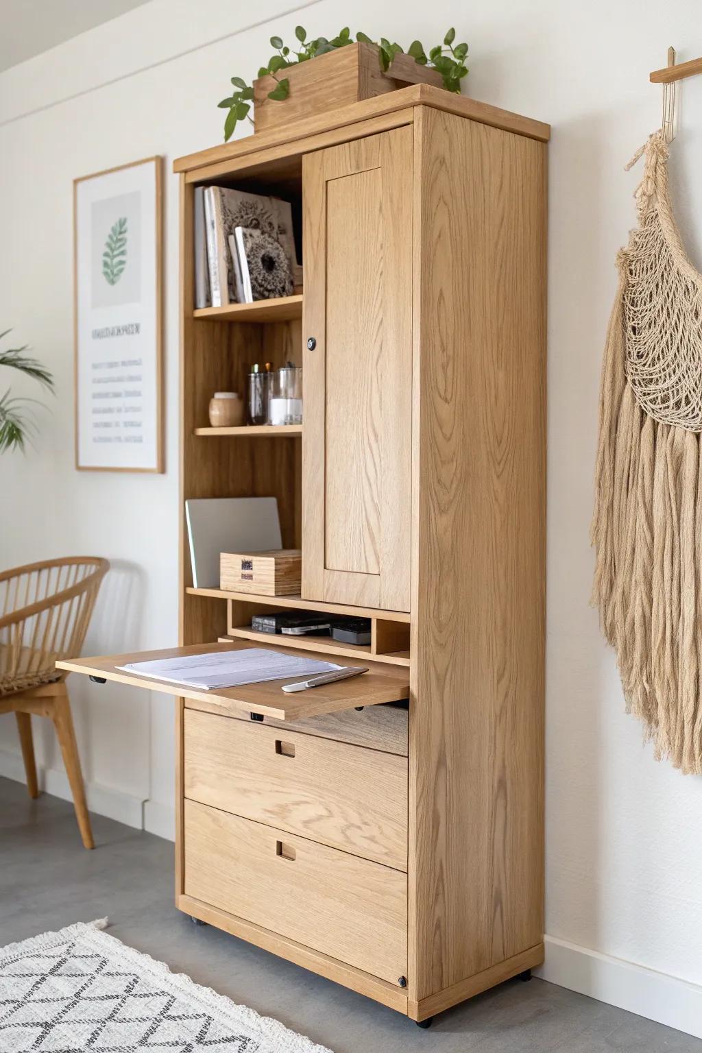 A sleek oak Murphy desk with file slots and mail shelf—paper clutter finally gets a home.