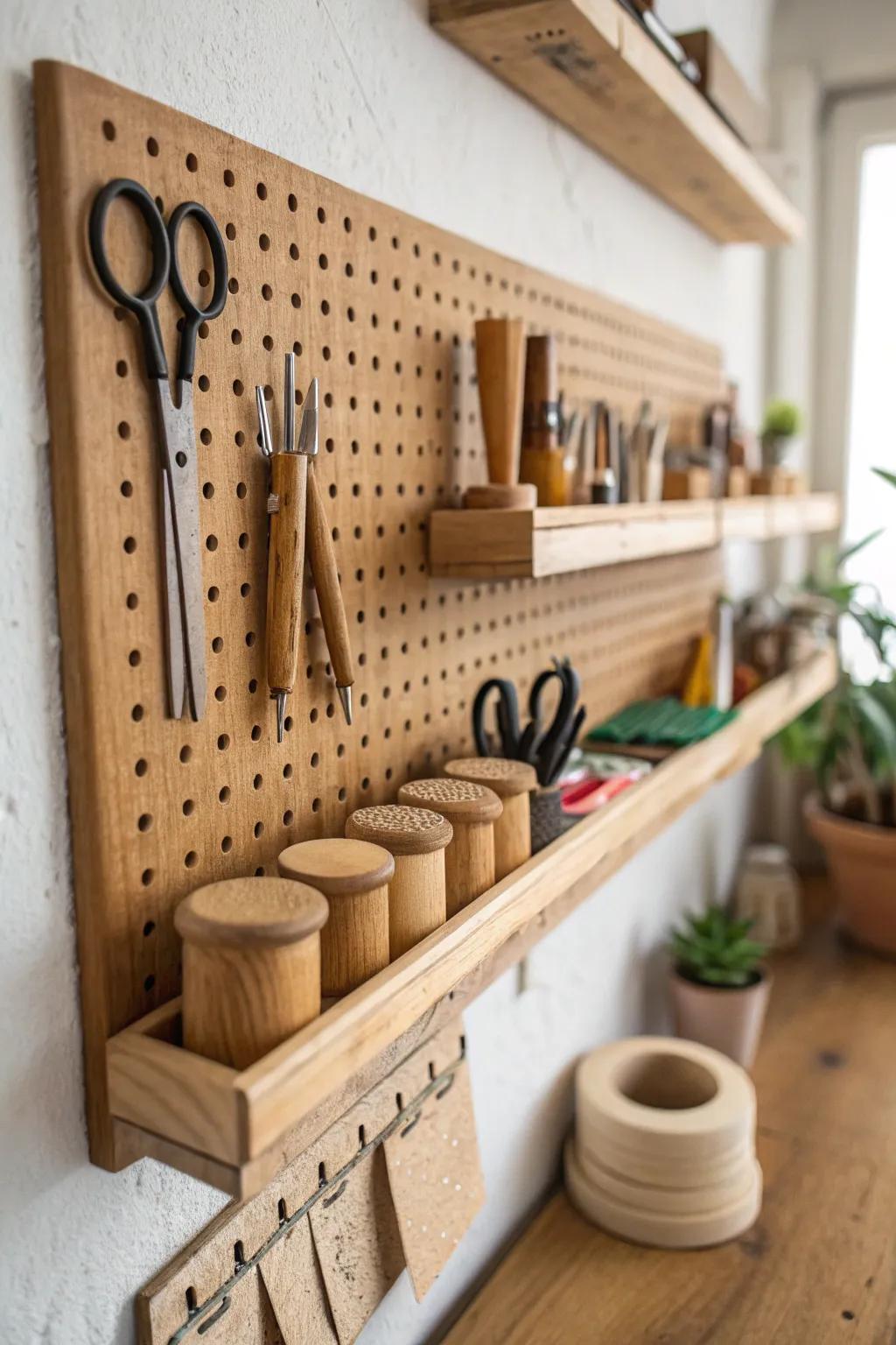 Elevate your space with versatile pegboard shelving—where craftsmanship meets functionality.