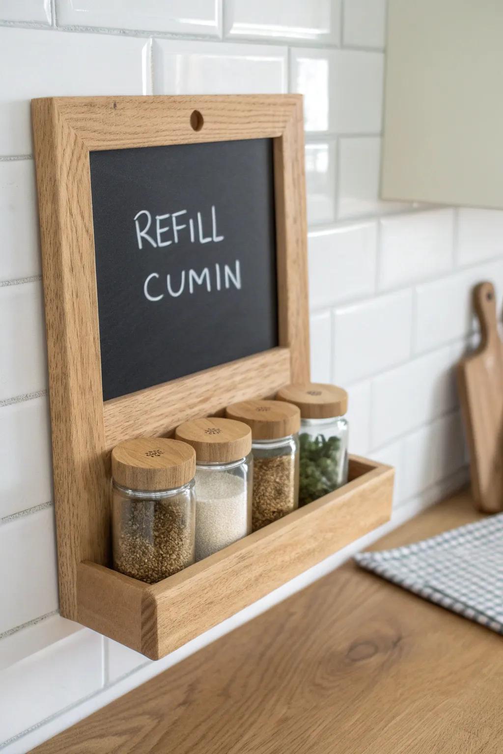 Oak spice shelf with chalkboard back—minimal, cozy, and perfect for refill notes + blends.