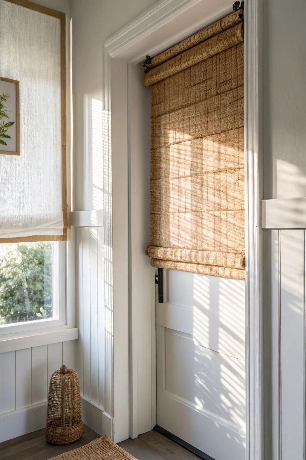 A woven wood shade brings warm texture and soft light control to a minimal door.