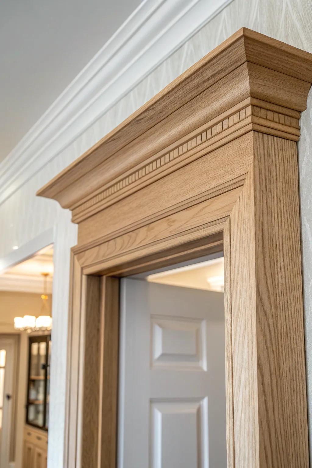 A crown-topped doorway header adds height, balance, and a beautifully finished look.