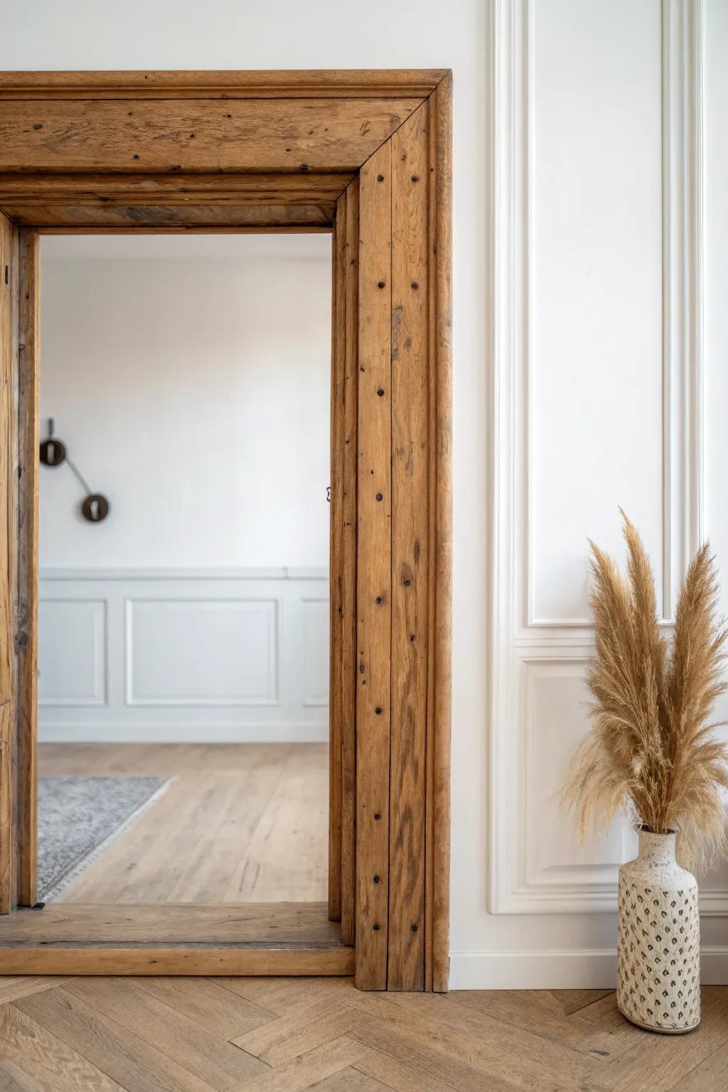 Reclaimed wood doorway moulding with nail-hole character—rustic texture, clean minimal vibe.