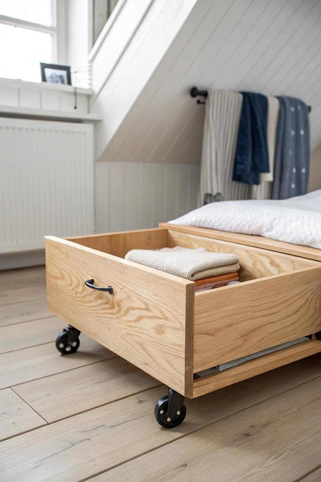 Rolling eaves drawer on casters—beautiful dormer storage that glides out for quilts.