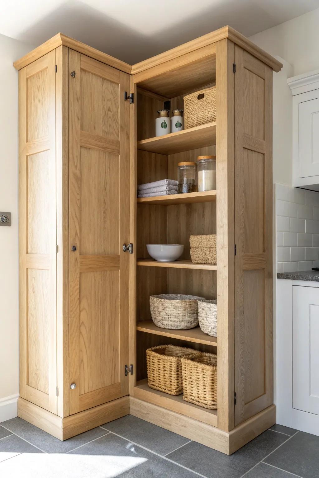 Custom L-shaped corner shelves behind double doors—no dead space, just warm oak beauty.