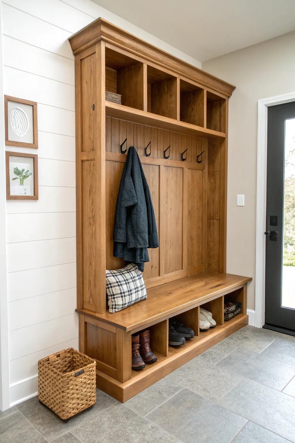Reclaimed-wood cubbies + butcher-block folding counter for a sleek laundry-mudroom drop zone