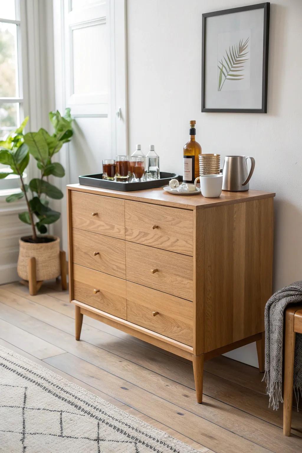 A light oak dresser bar that swaps from cozy coffee to evening cocktails in seconds.
