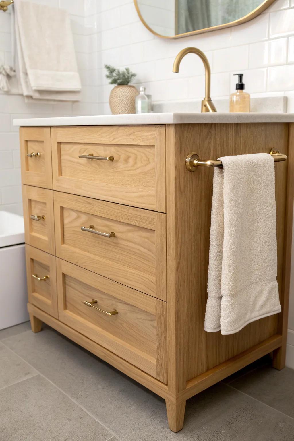 A custom-feel vanity upgrade: a side towel bar keeps linens tidy and beautifully within reach.
