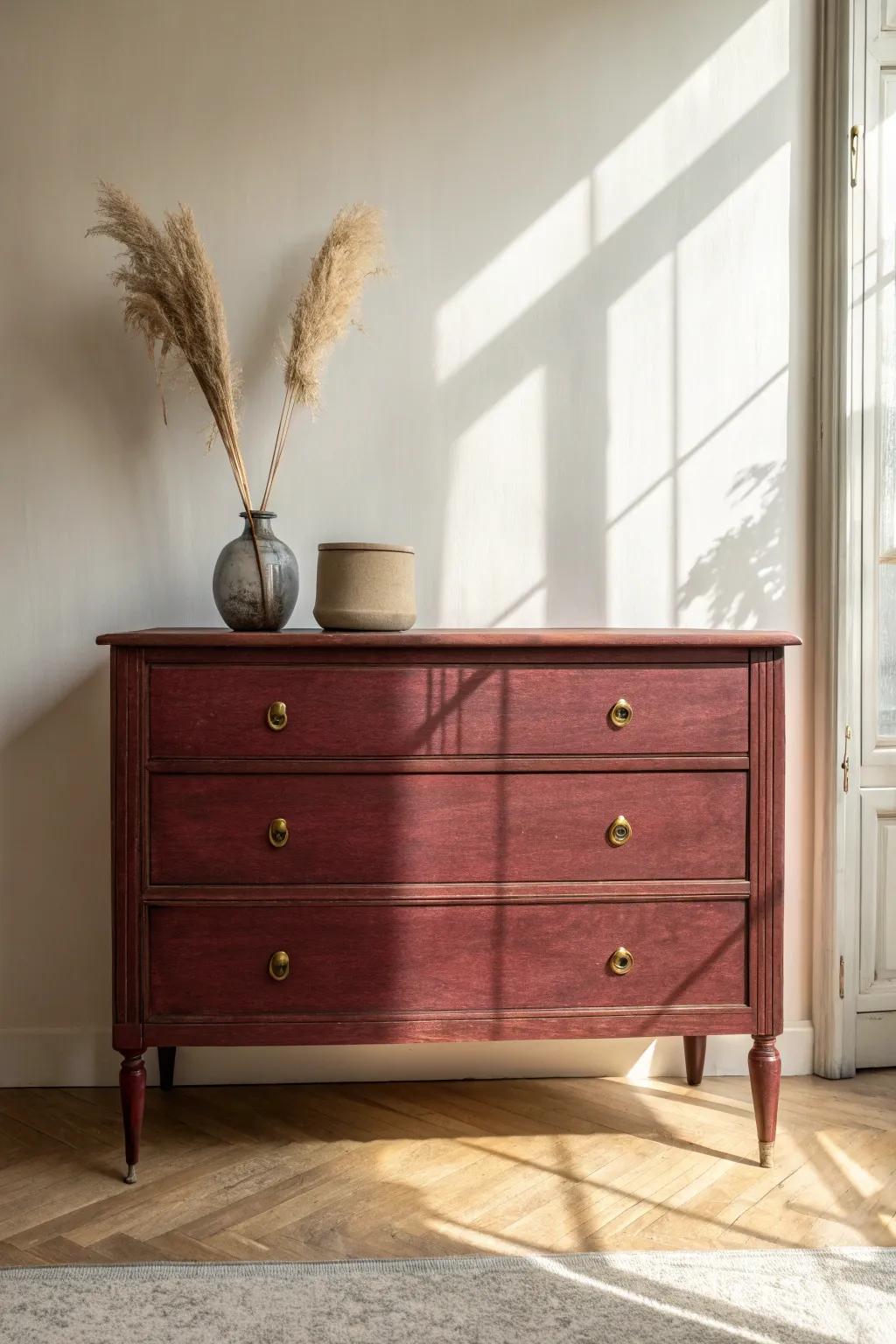 Moody burgundy turns every ding into character—cozy, dramatic warmth for a timeless dresser.