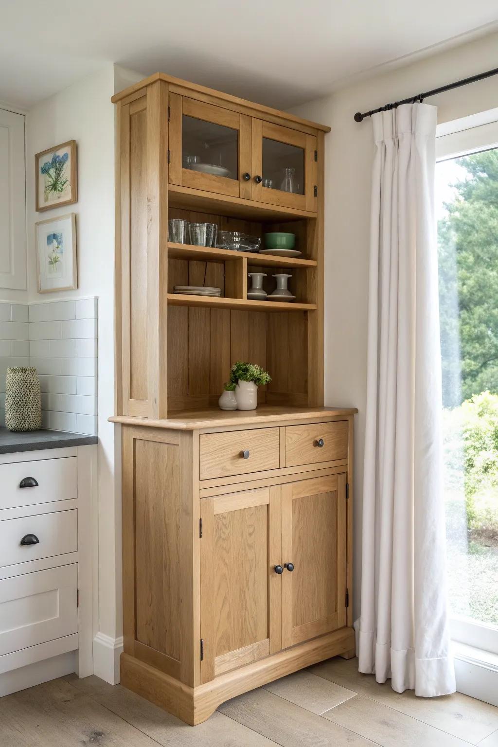 A space-saving corner dresser that adds warm wood storage without stealing walking room.