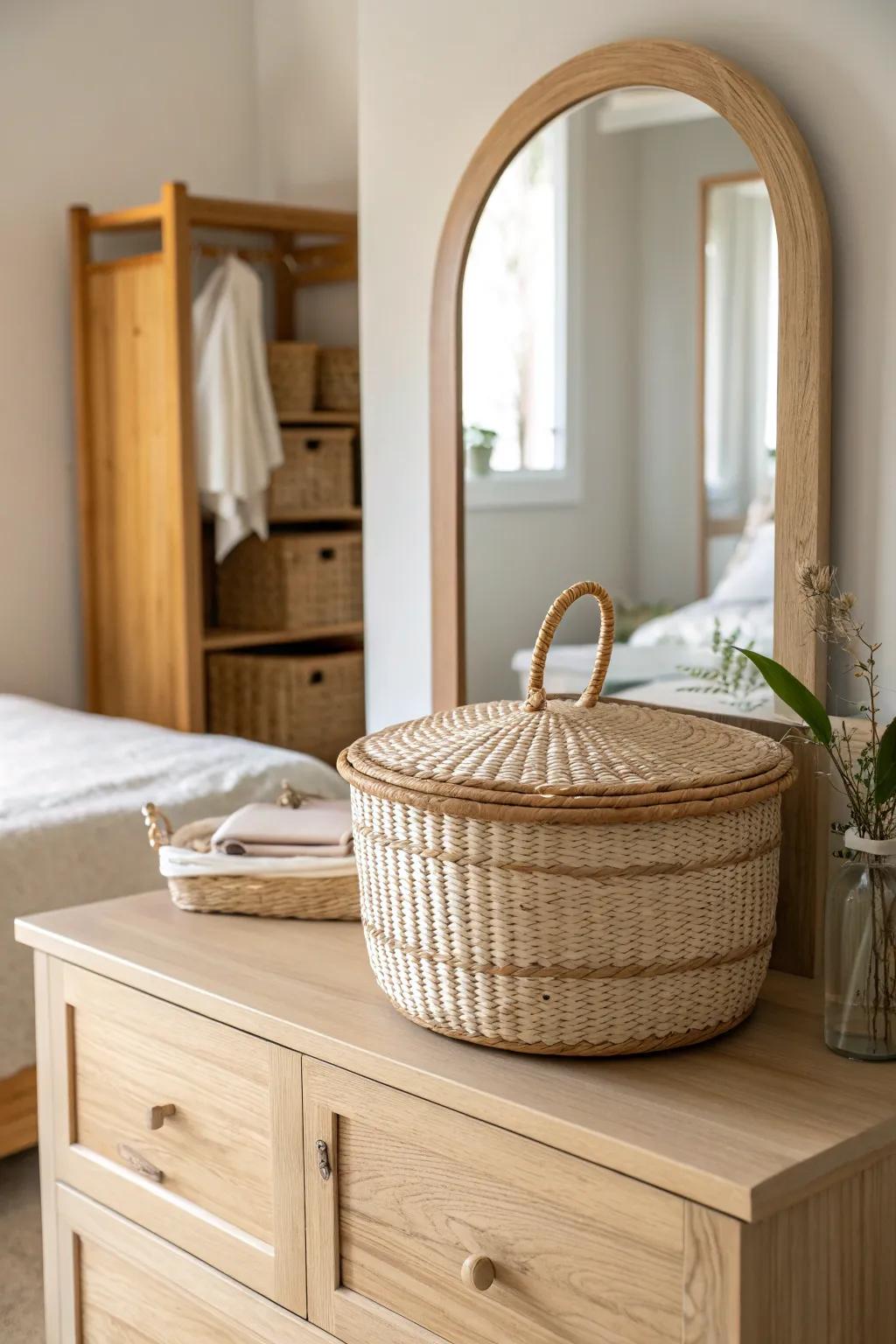 A woven basket adds soft, hidden storage—its texture pops beautifully in the mirror.
