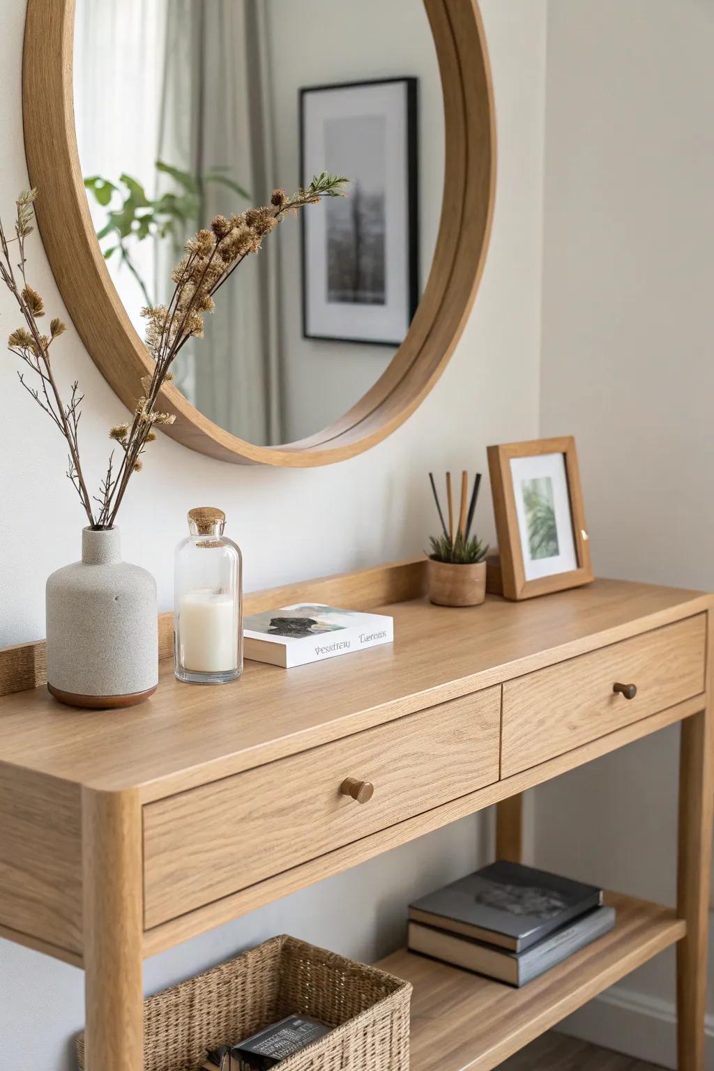 A slim floating shelf above the mirror adds vertical styling space without cluttering your vanity.