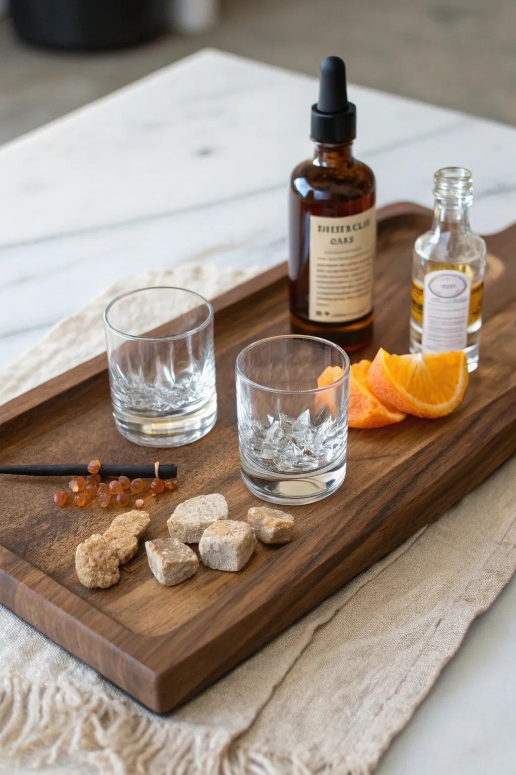 Old-fashioned drink board in warm walnut—bitters, citrus, cherries, and rocks glasses at hand.