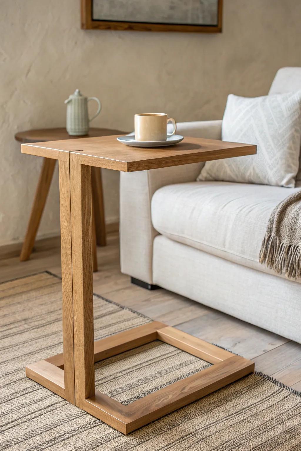 A sturdy C-shaped oak drinks table that tucks under the sofa—minimal, warm, and tip-proof.