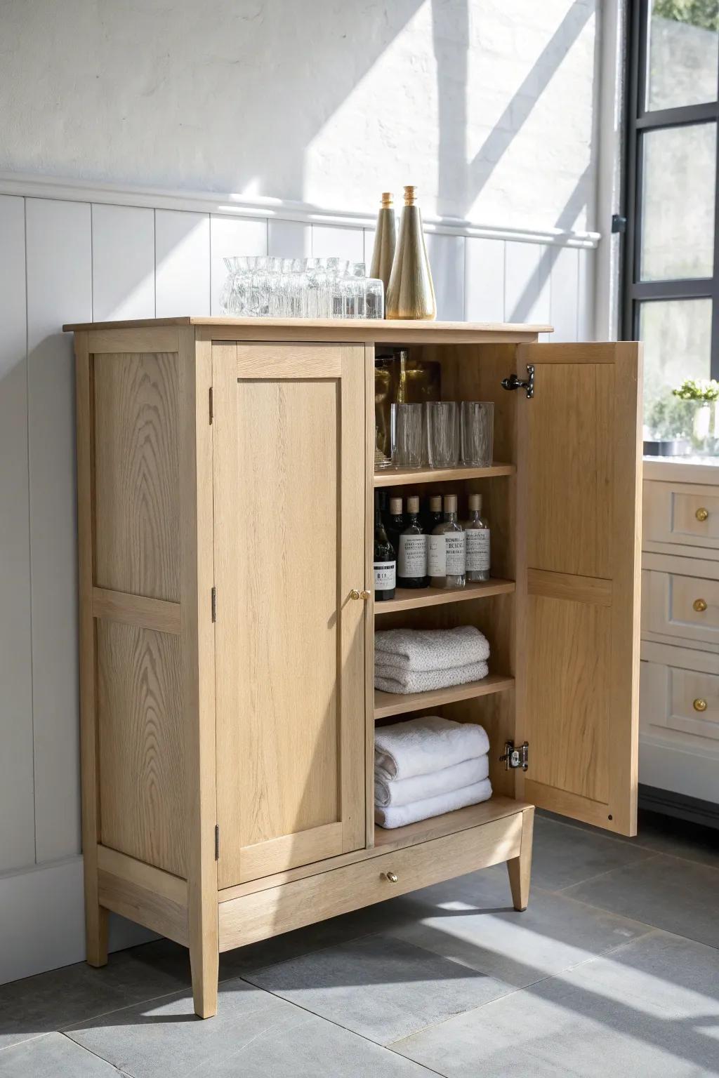 Keep your countertop serene: a dry sink bar with hidden cabinets for bottles, mixers & towels.