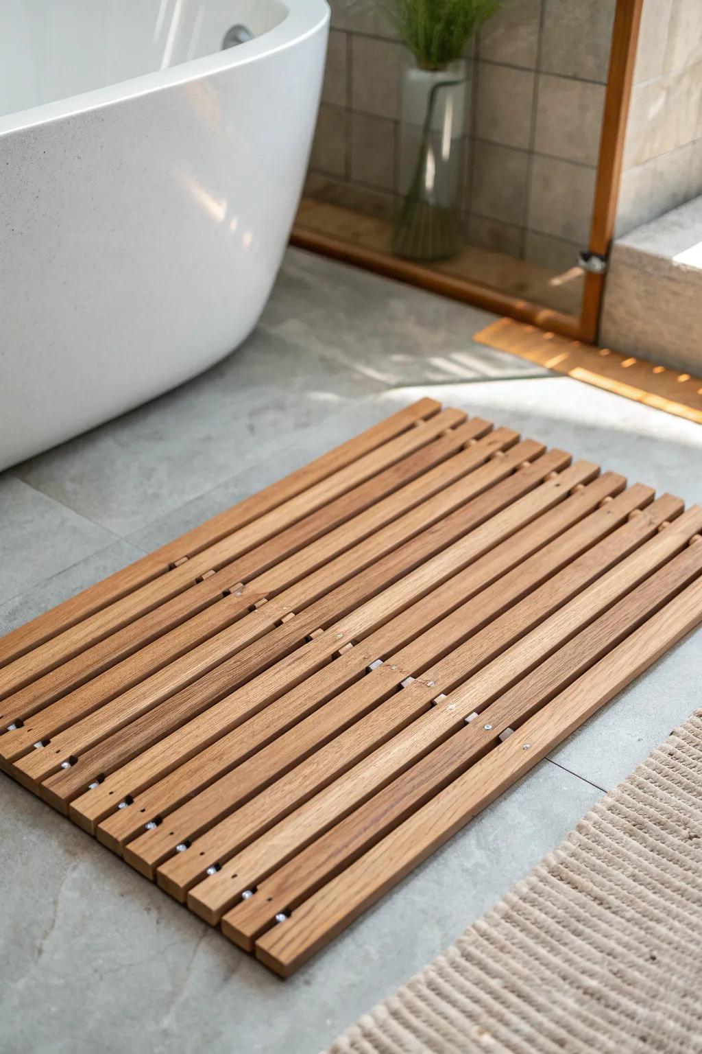 A slatted wood bath mat adds spa warmth and earthy texture to a clean minimalist bathroom.