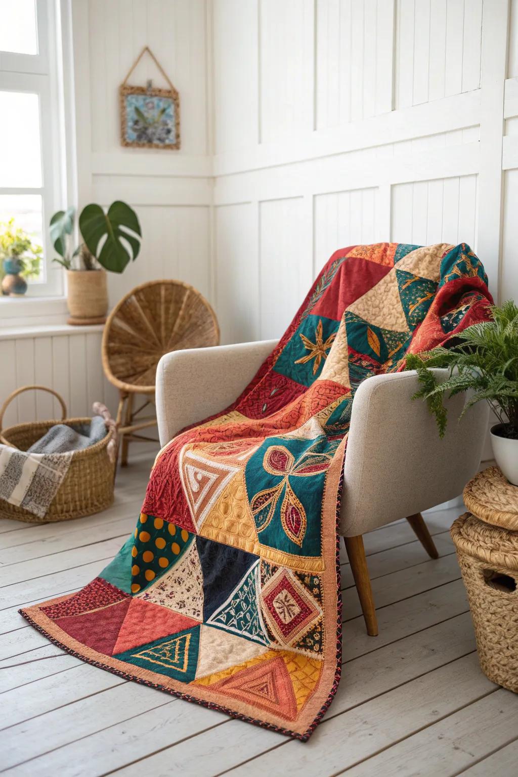 Add a splash of vibrant joy to your reading nook with a Moe Brooker-inspired patchwork quilt!