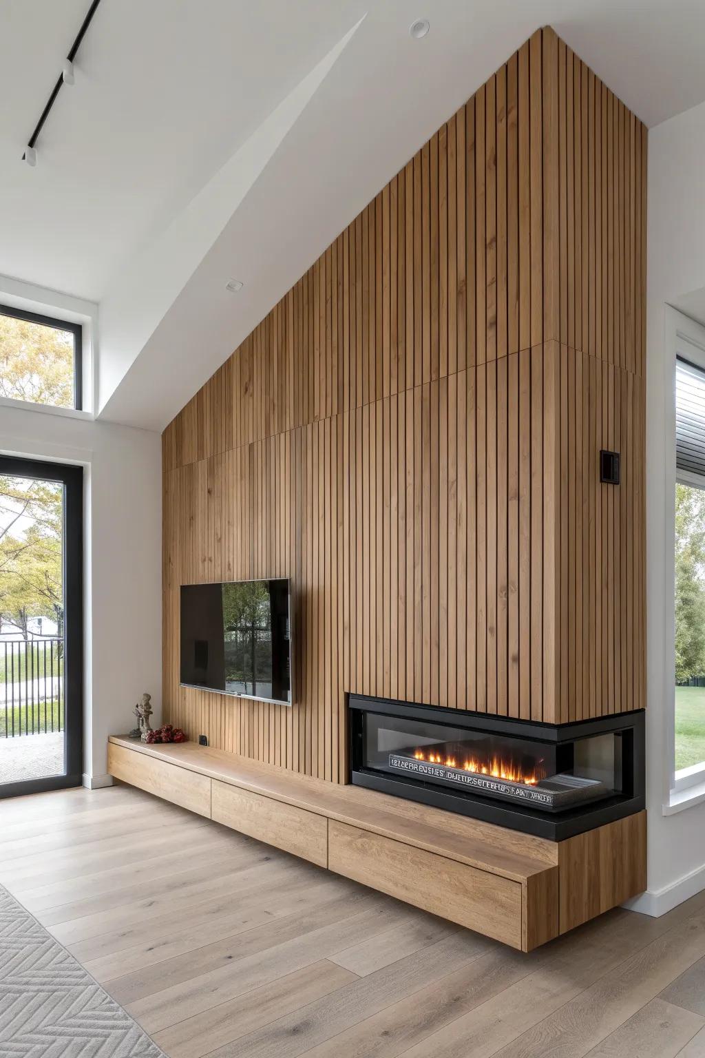 A wraparound corner fireplace wall in warm oak slats—minimal, cozy, and space-saving.