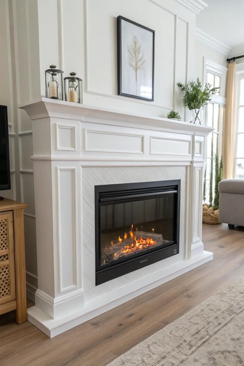 Simple painted surround + classic trim gives your electric fireplace timeless living-room charm.