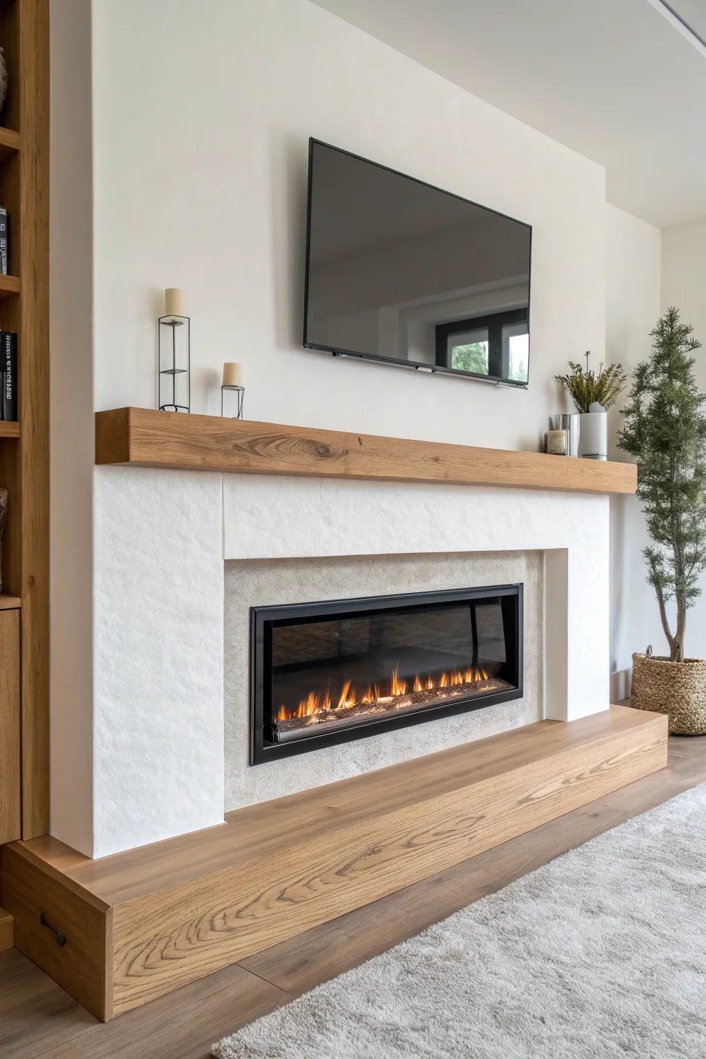 A sleek linear electric fireplace paired with an extra-long oak mantel for a panoramic feel.