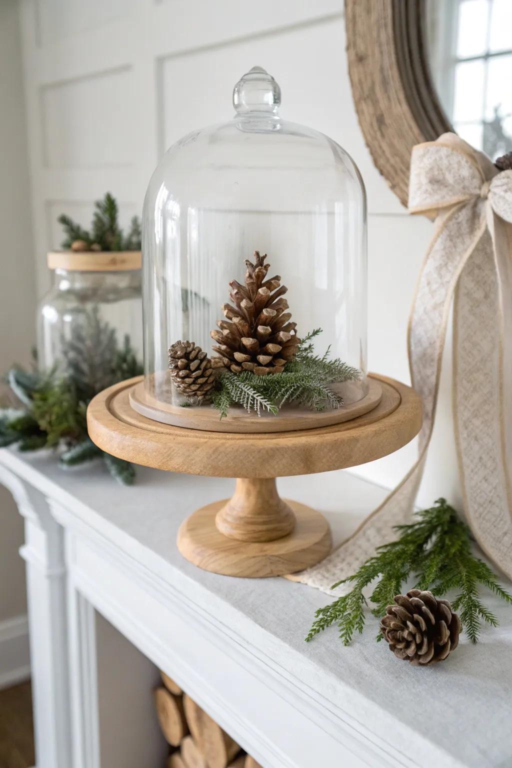 A glass cloche vignette on a handcrafted wood base—minimal, festive, and quietly luxe.