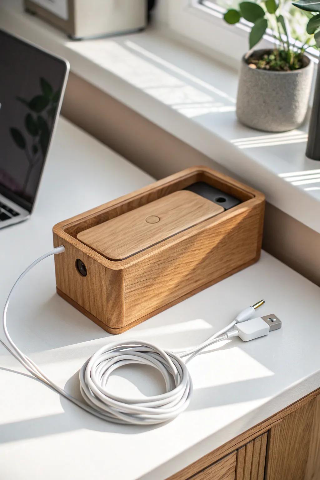 A sleek oak cord box that hides cables beautifully—clean lines, calm desk, zero clutter.