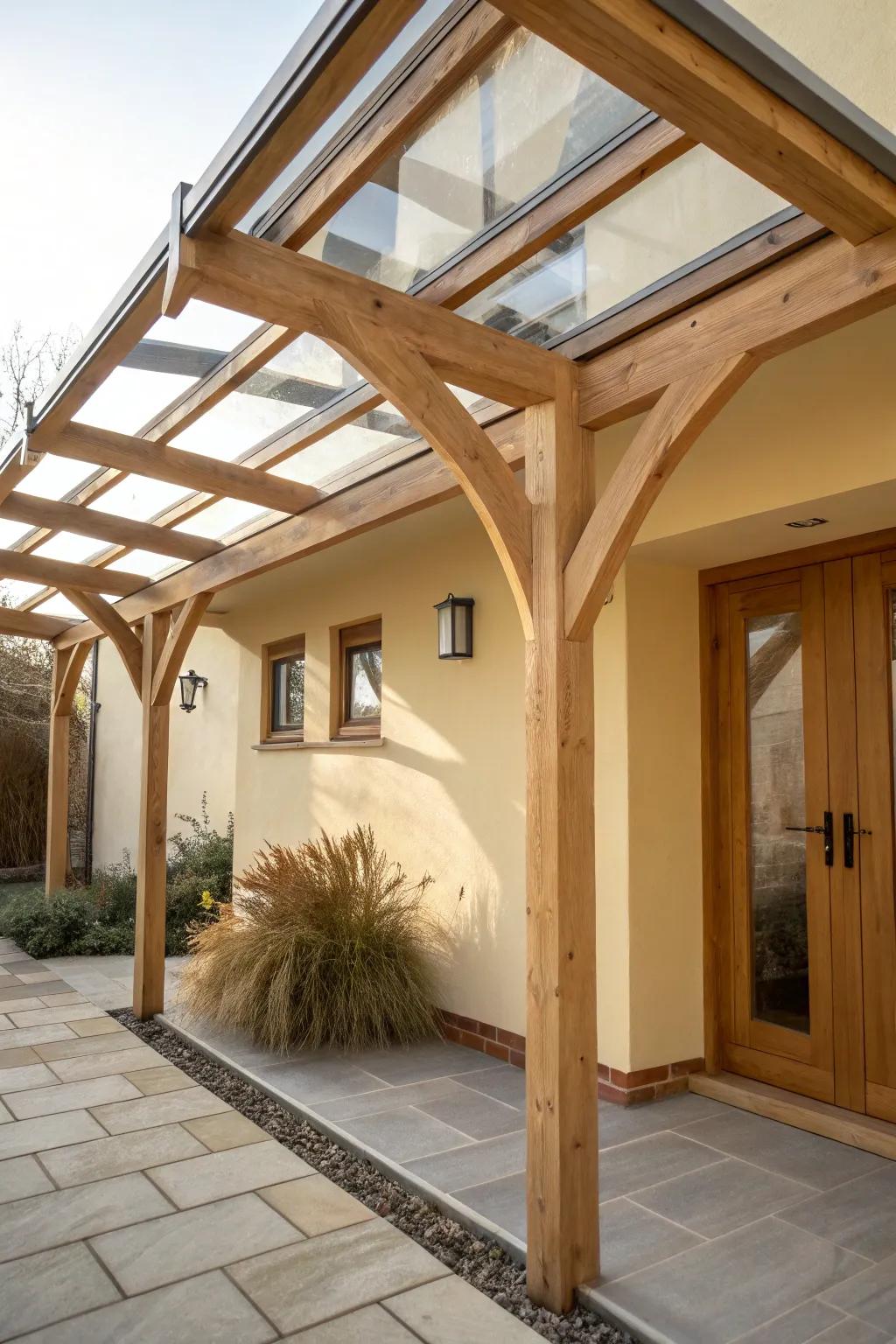 Clear roof panels + skylight keep enclosed walkways bright—making the wood grain glow.