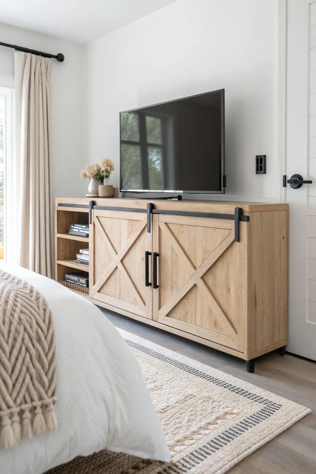 A sleek end-of-bed TV stand with sliding barn doors—storage and style in warm oak.