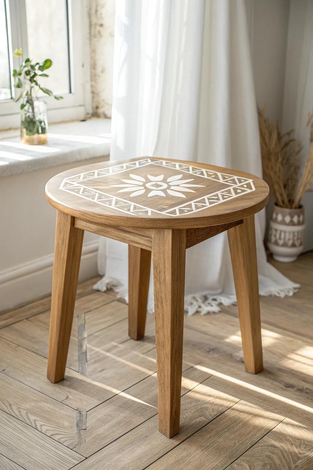 Light oak end table with a crisp geometric stencil—clean, modern, and beautifully sealed.