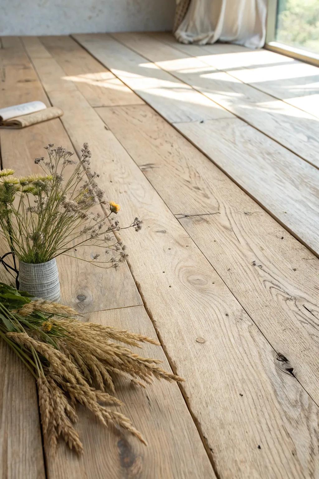 Wide-plank oak with a soft matte sheen—dents and wear that make a cottage kitchen feel lived-in.