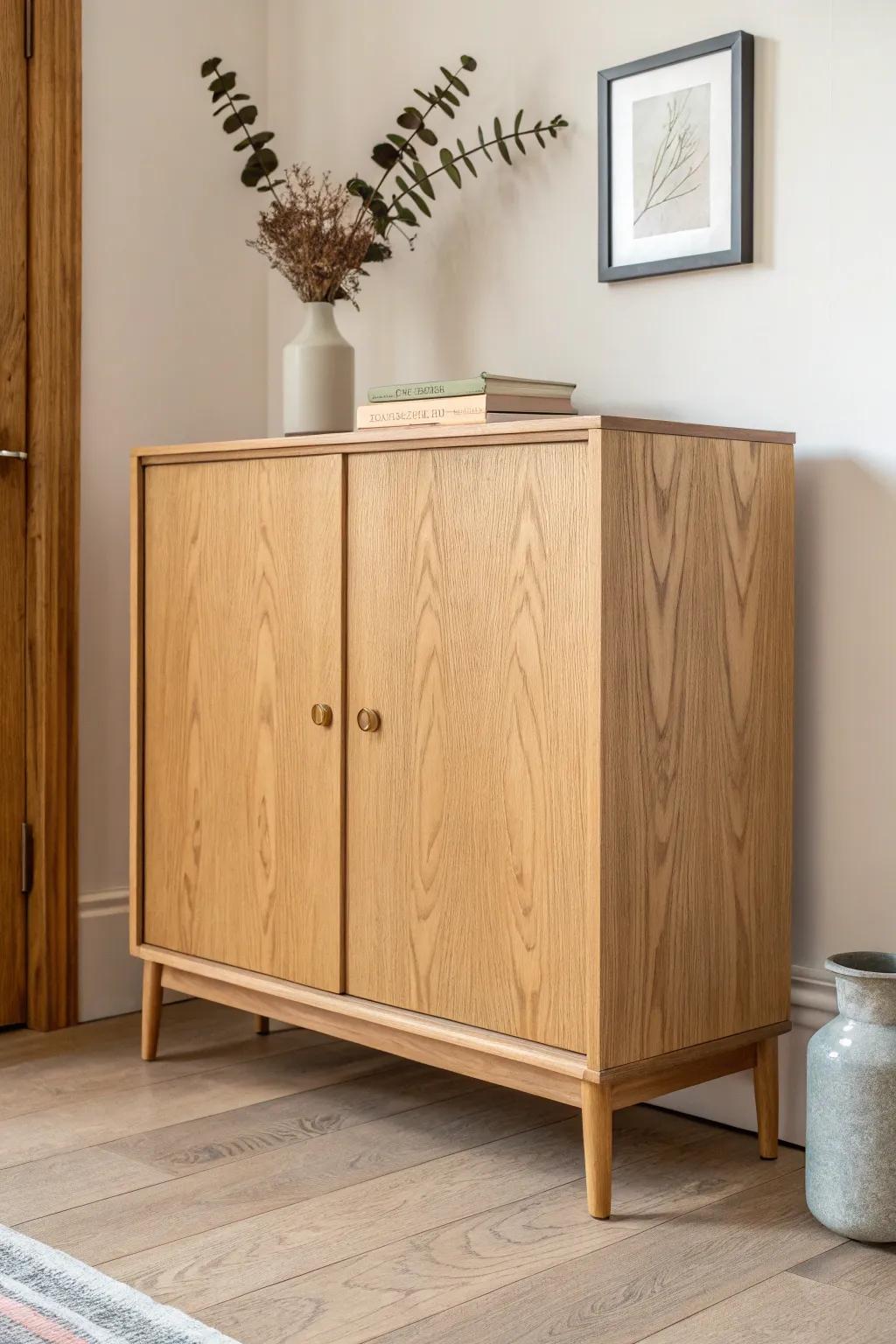 Compact sliding-door cabinet: minimalist oak storage that hides TV clutter in small spaces.