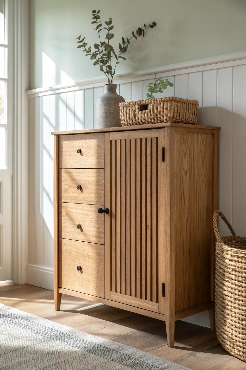 Slatted-door entryway cabinet—breathable shoe storage with warm, minimal Scandinavian style.