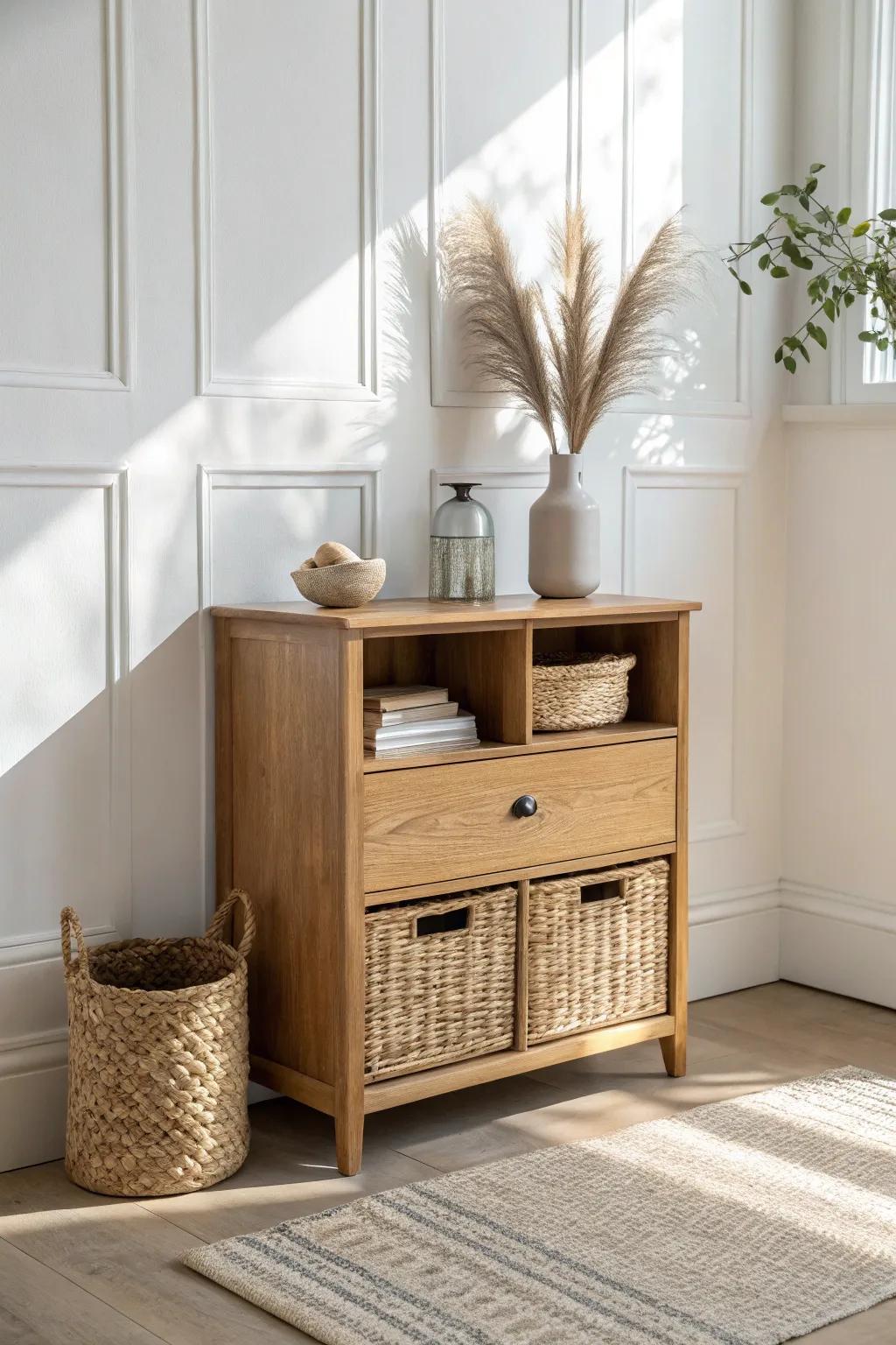 A leggy oak entryway chest with woven baskets below—pretty storage that hides clutter fast.