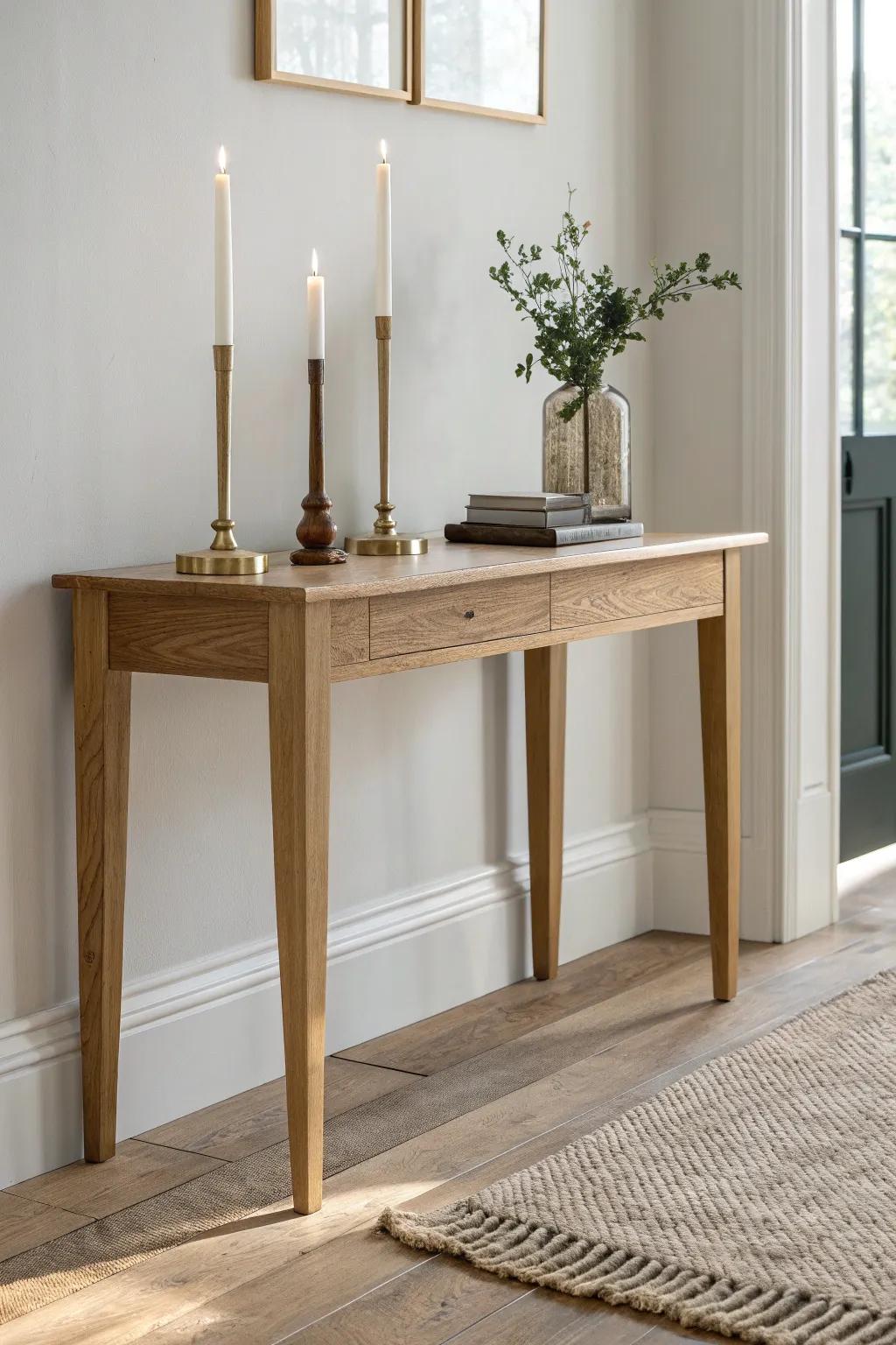 Wood + brass candlesticks add instant cozy glow to a minimalist entryway console.