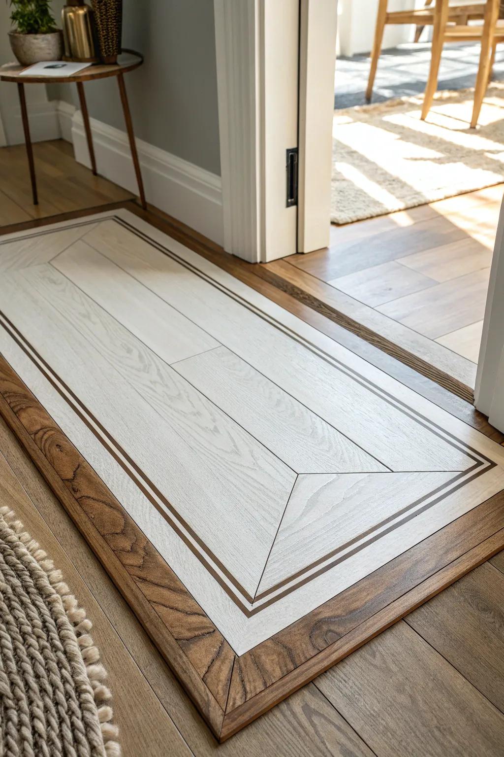 A walnut inlay border frames the entry zone—simple, crafted contrast that feels intentional.