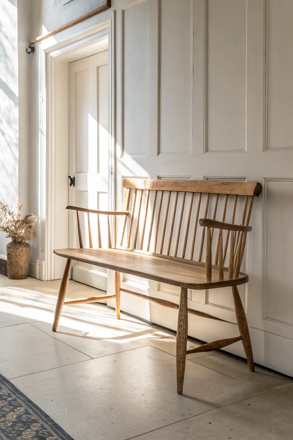 A spindle-back bench with soft patina brings vintage charm to a calm, minimalist entryway.